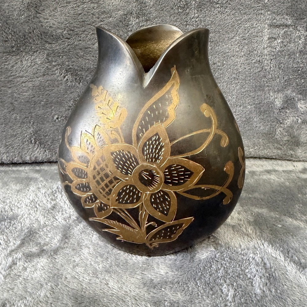 Vintage Etched Brass Floral Vase Black Gold Patina Tri-Lobe Rim 6.5 Inch